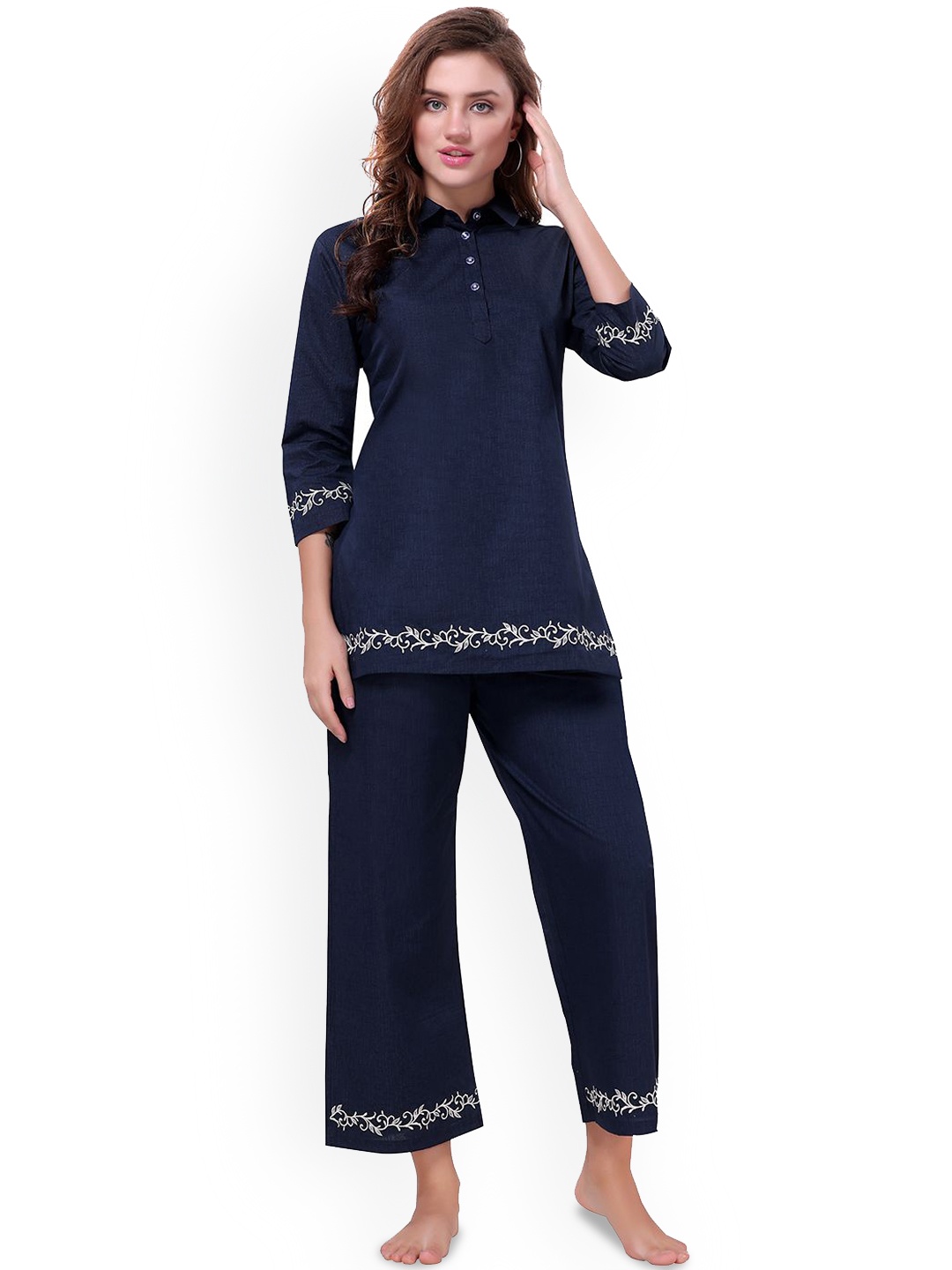 

NIGHT FLOSS Embroidered Detail Pure Cotton Night Suit, Blue
