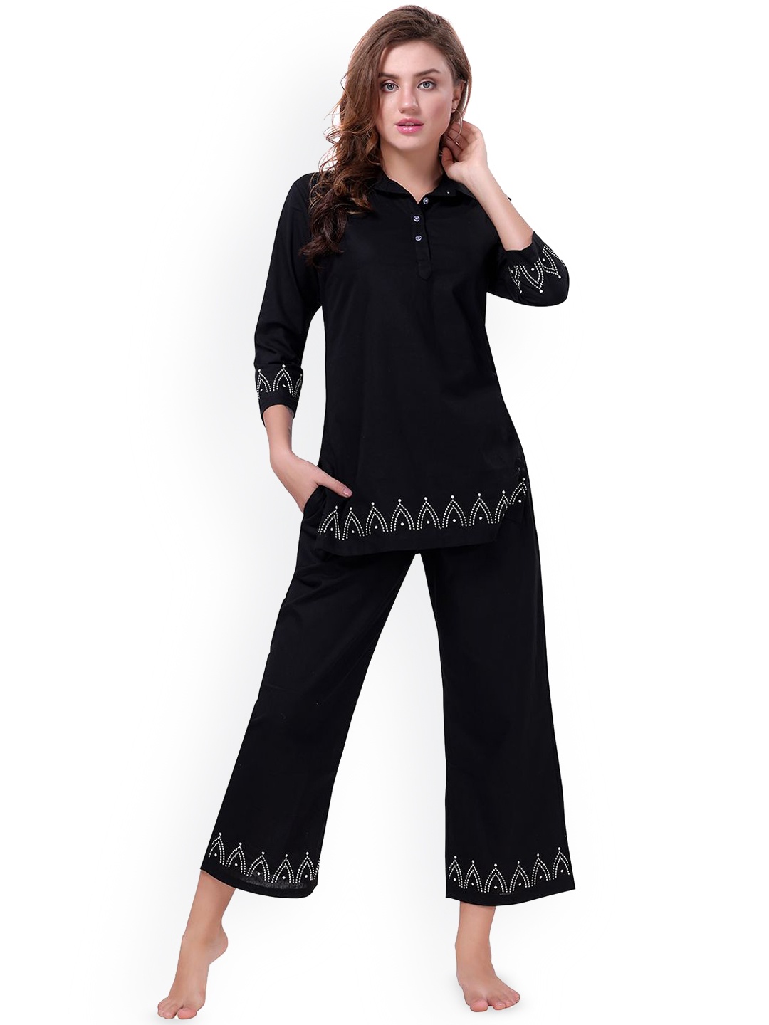 

NIGHT FLOSS Embroidered Detail Pure Cotton Night Suit, Black