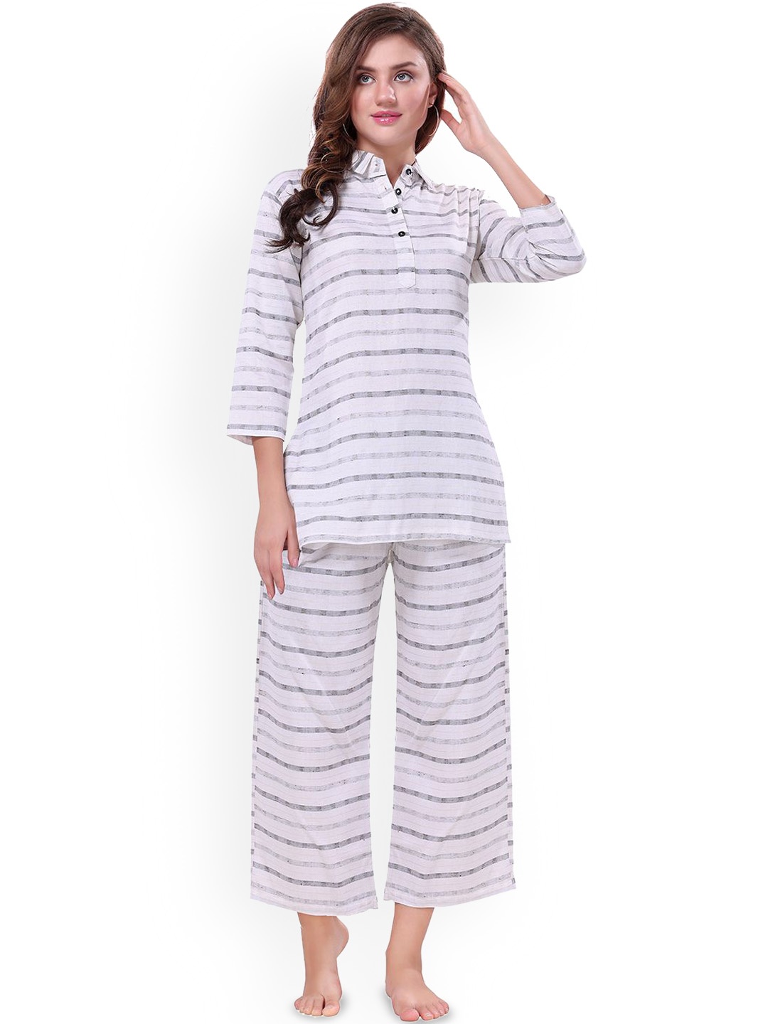 

NIGHT FLOSS Striped Pure Cotton Night Suit, White