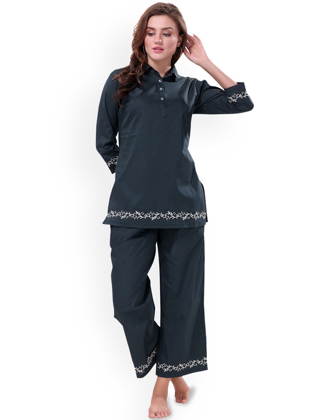 

NIGHT FLOSS Embroidered Detail Pure Cotton Top With Pyjamas, Green