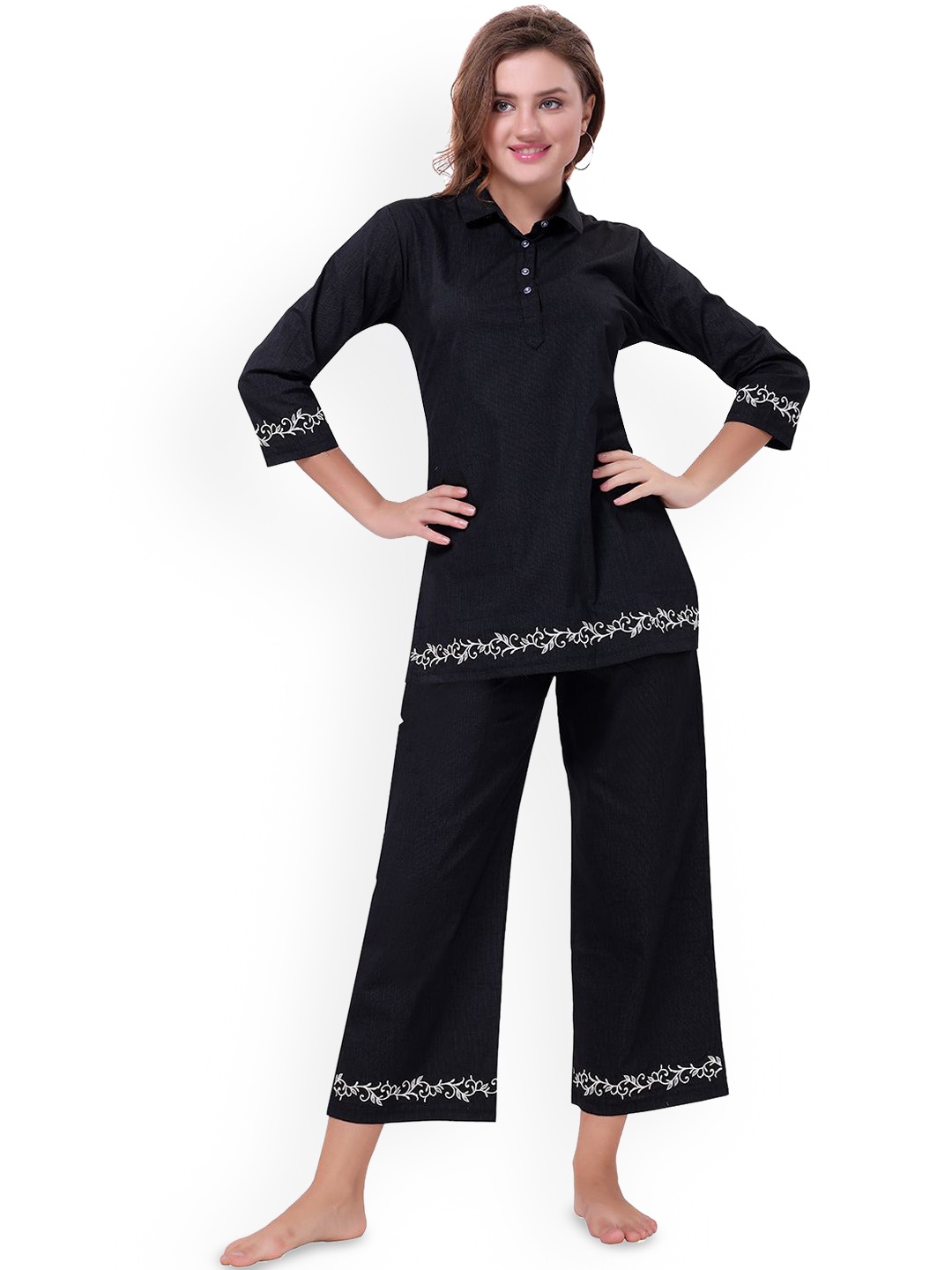 

NIGHT FLOSS Embroidered Detail Pure Cotton Top With Pyjamas, Black