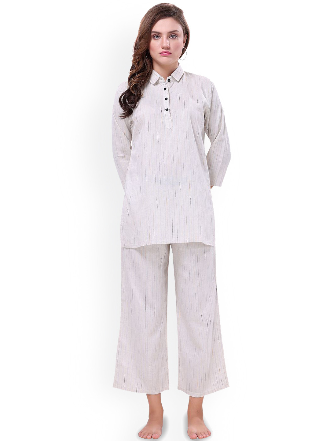 

NIGHT FLOSS Embroidered Detail Pure Cotton Top With Pyjamas, White