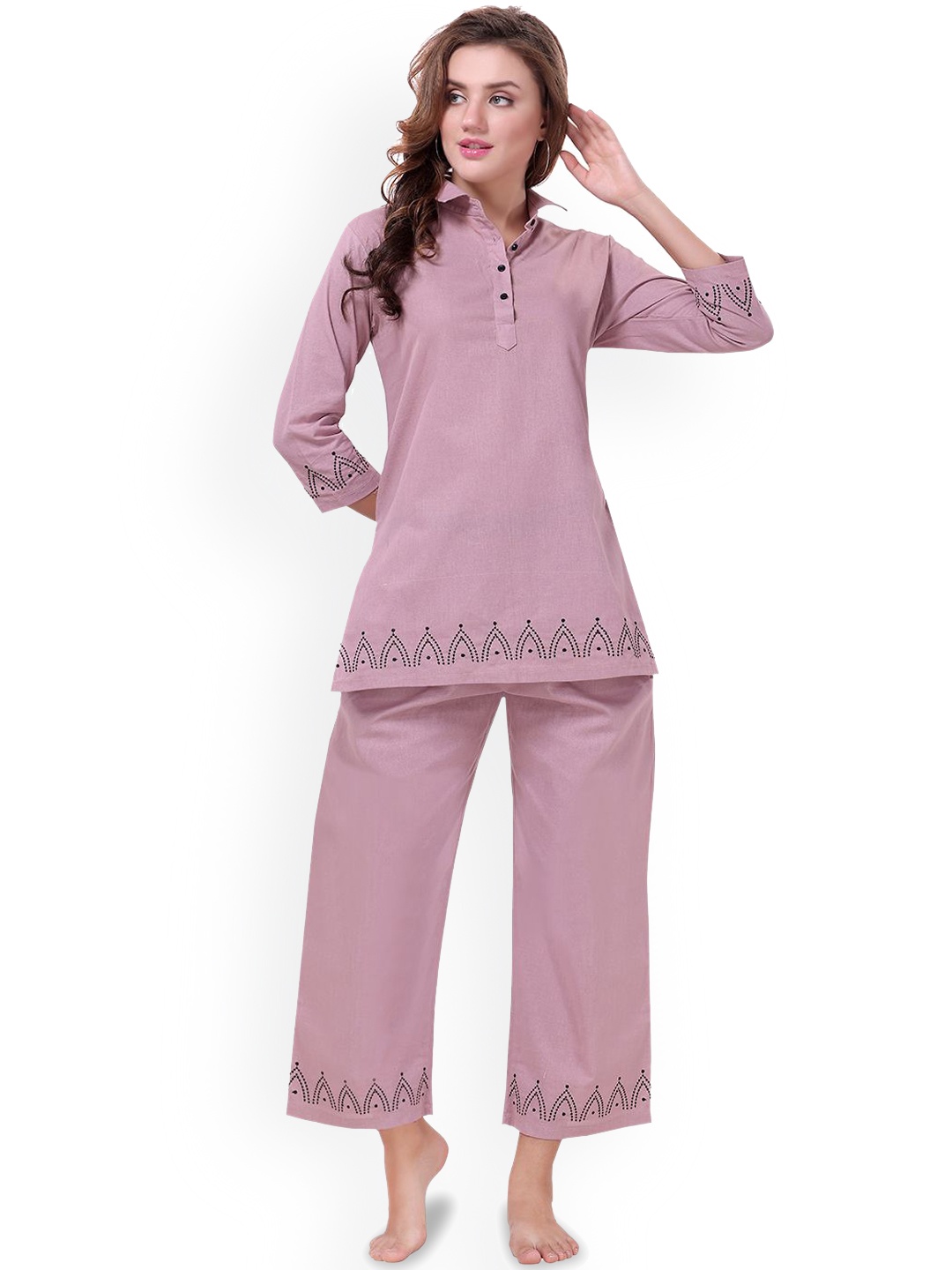 

NIGHT FLOSS Embroidered Detail Pure Cotton Top With Pyjamas, Mauve
