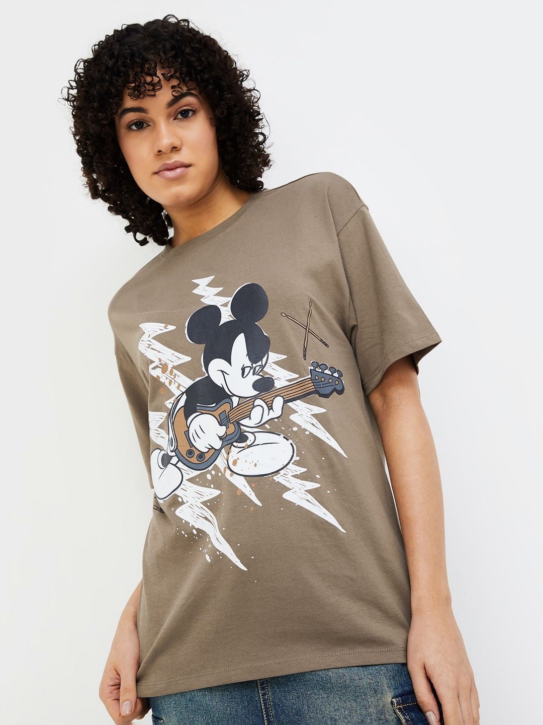 

Ginger by Lifestyle Women Graphic Mickey Mouse Printed Cotton T-shirt, Brown