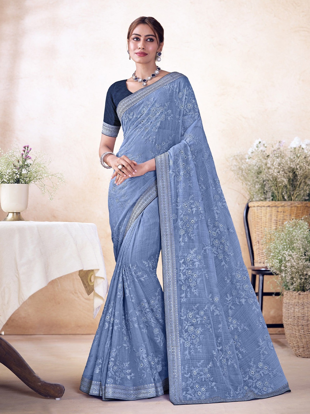 

Laxmipati Floral Embroidered Saree, Blue