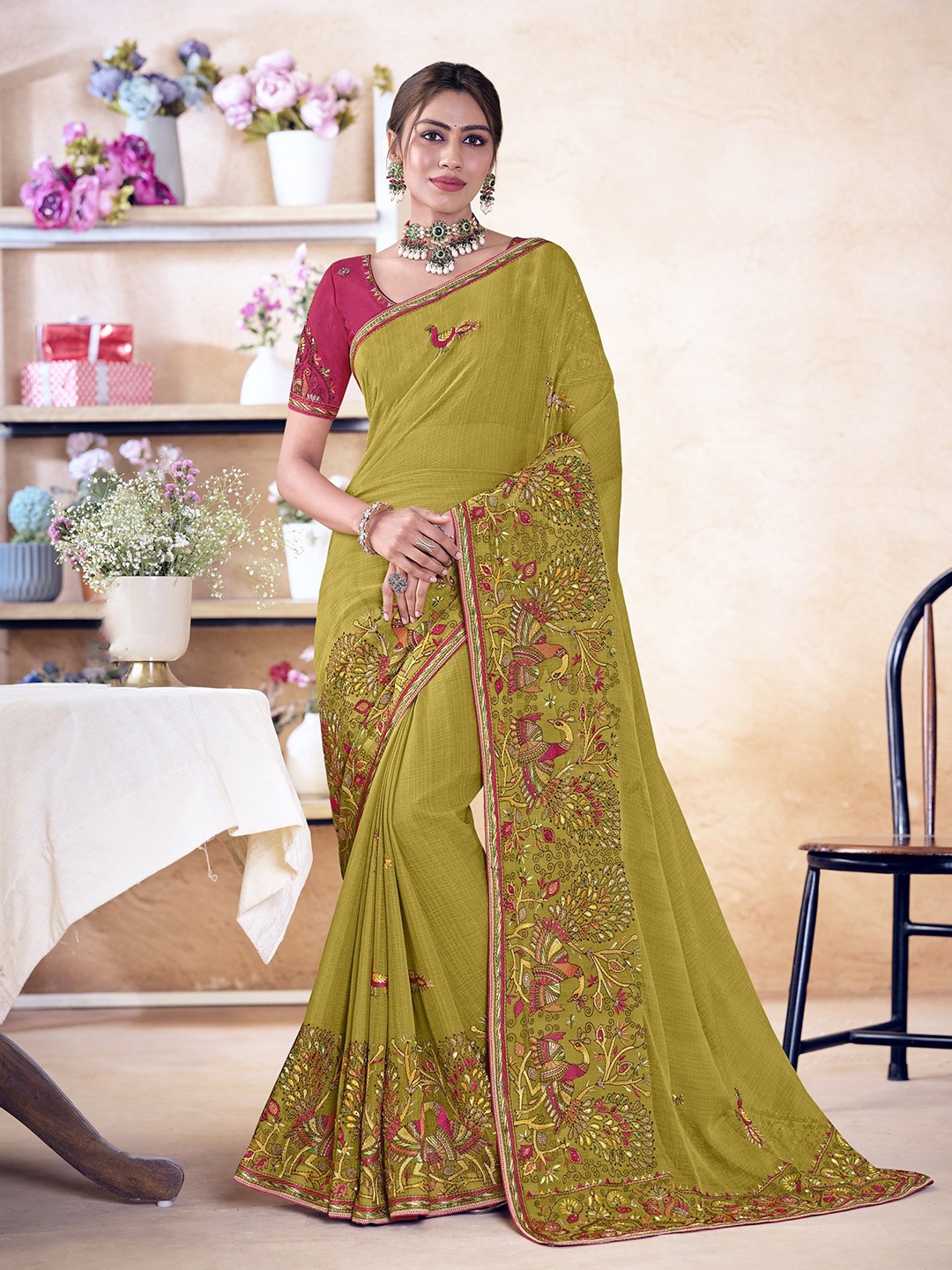 

Laxmipati Ethnic Motifs Embroidered Saree, Green