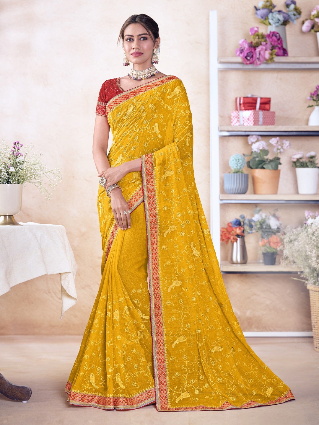 

Laxmipati Ethnic Motifs Embroidered Saree, Yellow