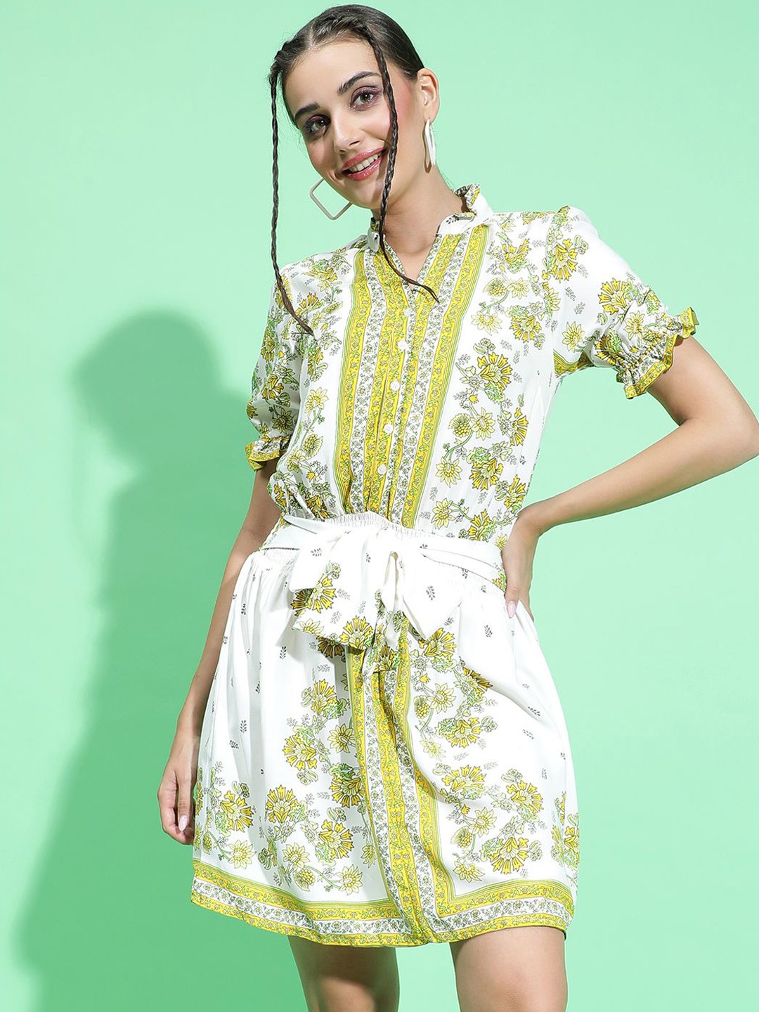 

Oxolloxo Women Floral Print Shirt Dress, Green