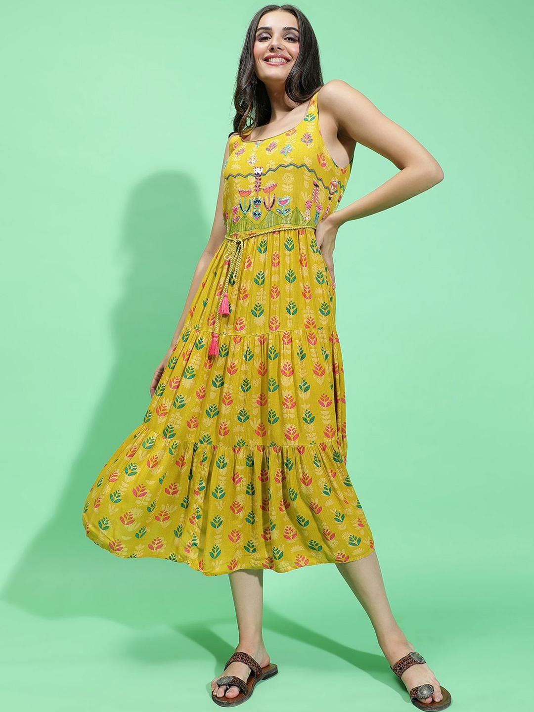 

Oxolloxo Women Ethnic Motifs A-line Midi Ethnic Dress, Green