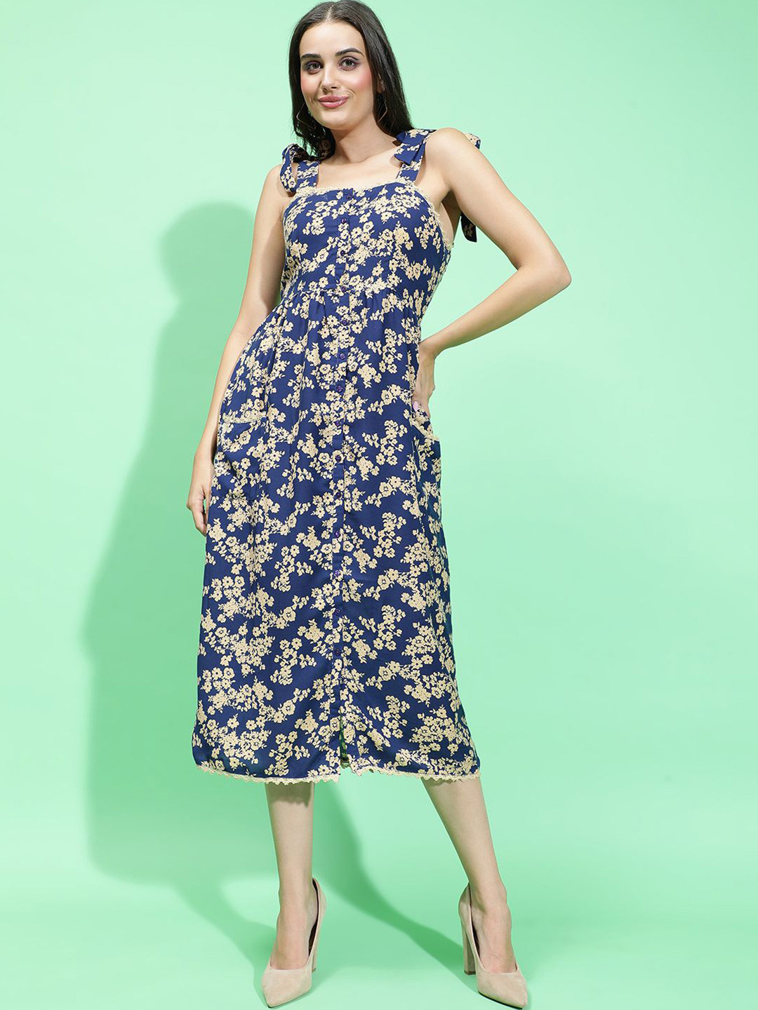 

Oxolloxo Women Floral Print A-Line Midi Dress, Blue