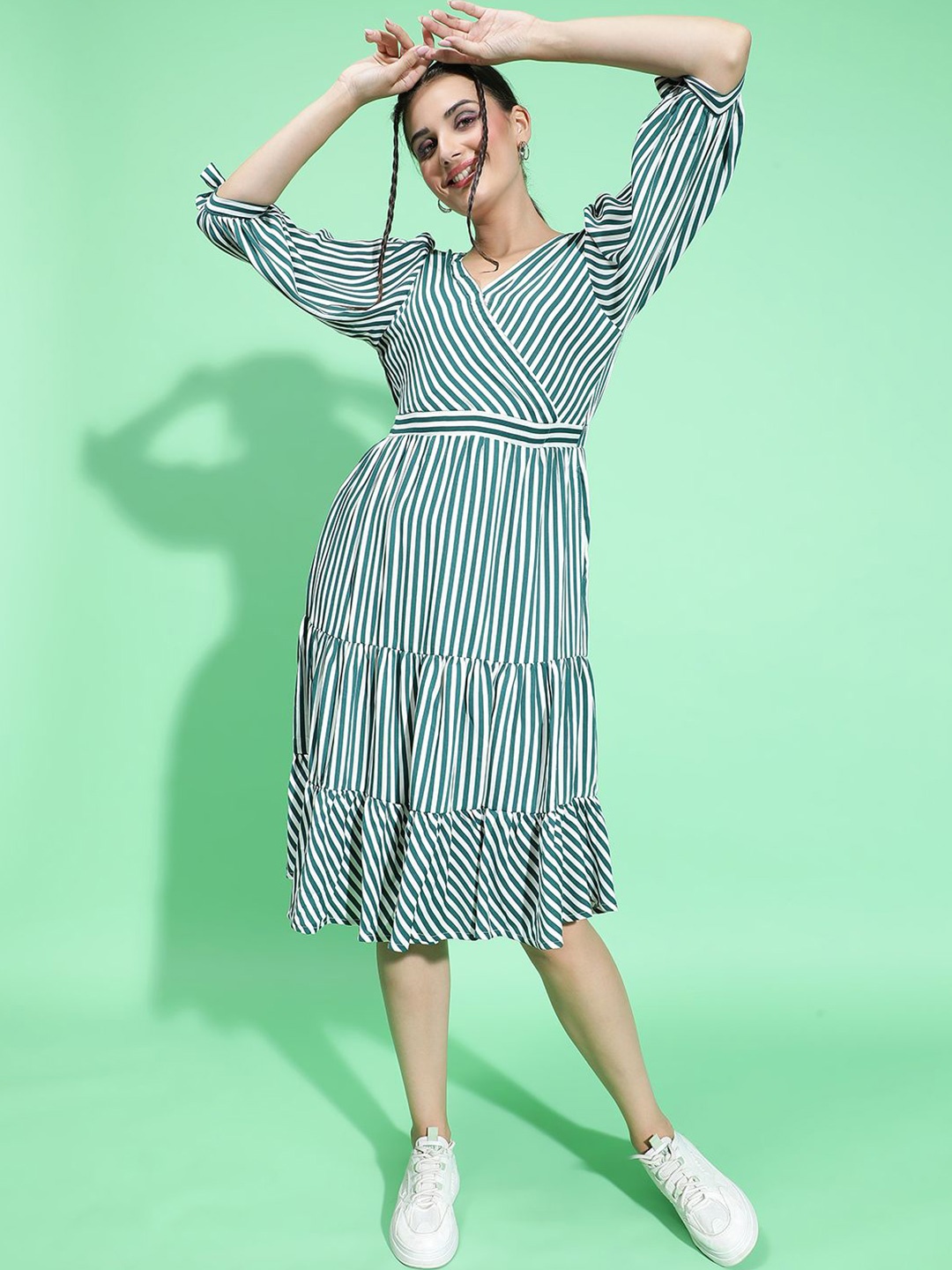 

Oxolloxo Striped Puff Sleeve Fit & Flare Midi Dress, Green