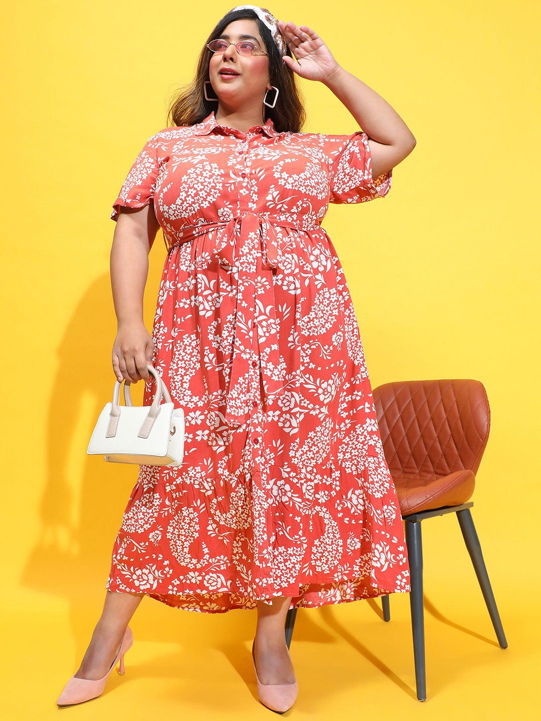 

Oxolloxo Plus Size Floral Print Shirt Collar Maxi Dress, Rust