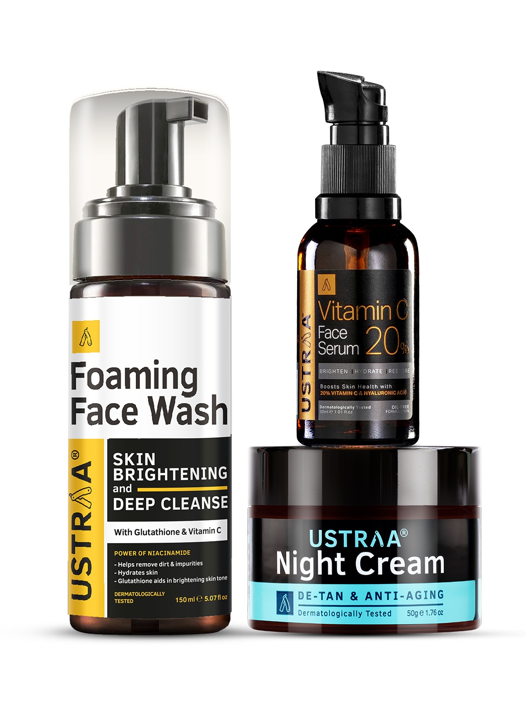 

Ustraa Men Skin Care Combo - Face Wash 150ml + Night Cream 50g + Face Serum 30ml, Black