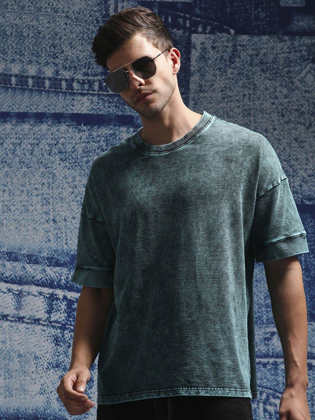 

Henceforth Men Acid Washed Pure Cotton Oversized T-shirt, Turquoise blue