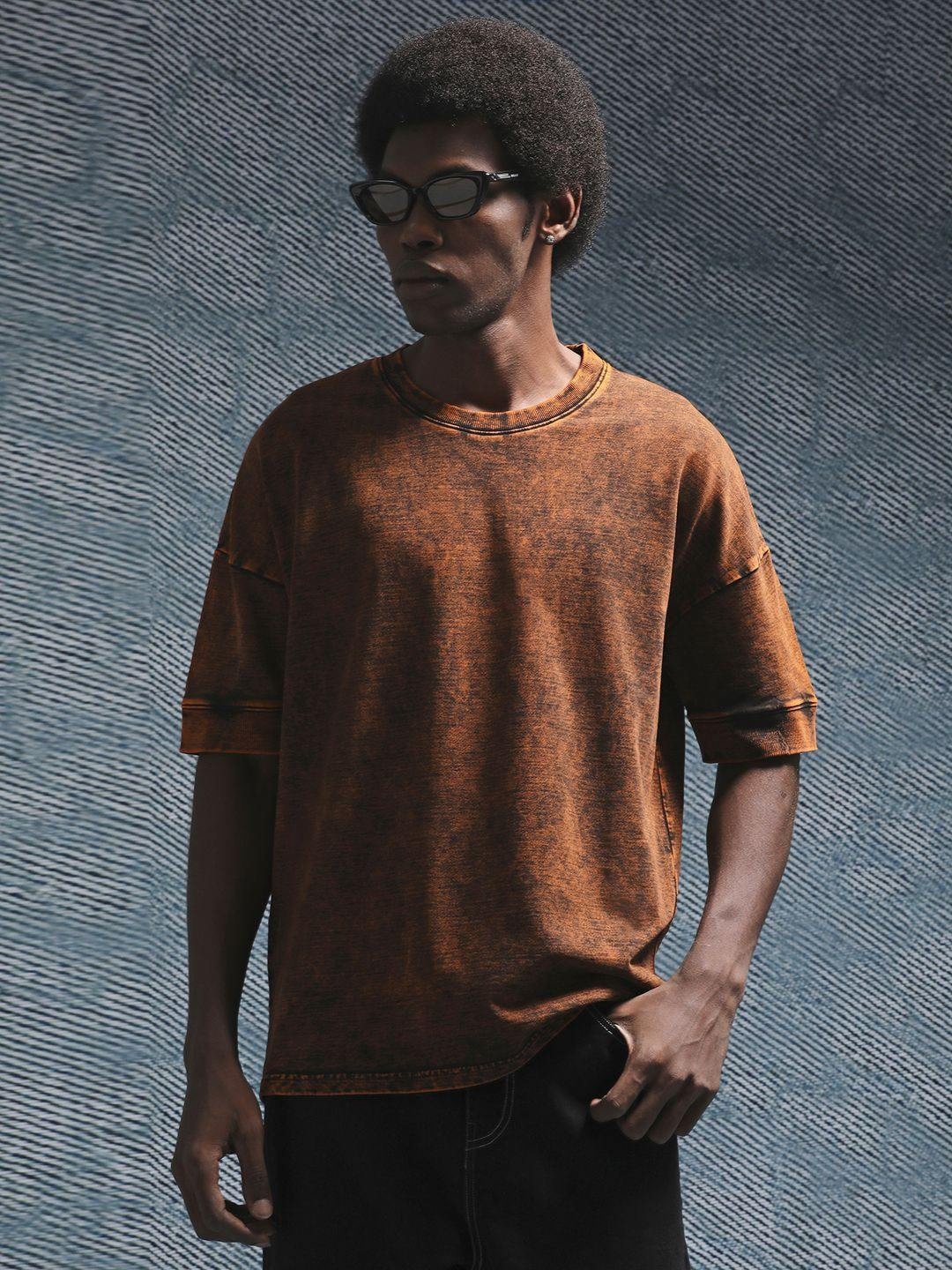 

Henceforth Men Acid Washed Pure Cotton Oversized T-shirt, Brown