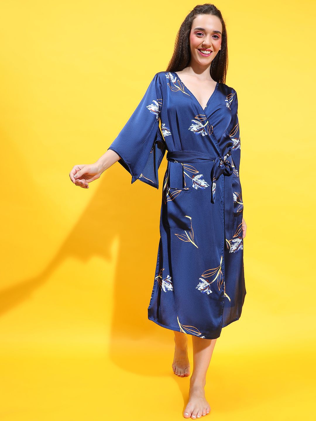 

Oxolloxo Floral Print Satin Midi Nightdress with Tie-Knot Belt, Navy blue