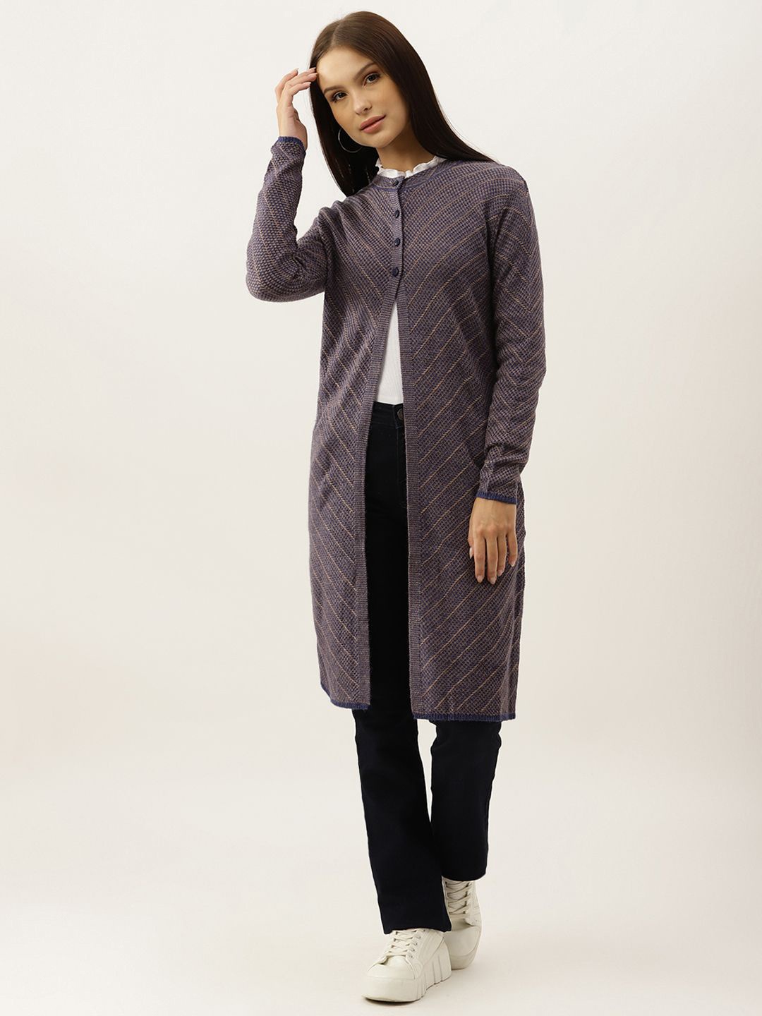 

The Roadster Lifestyle Co Self Design Woolen Cardigan Sweaters, Purple