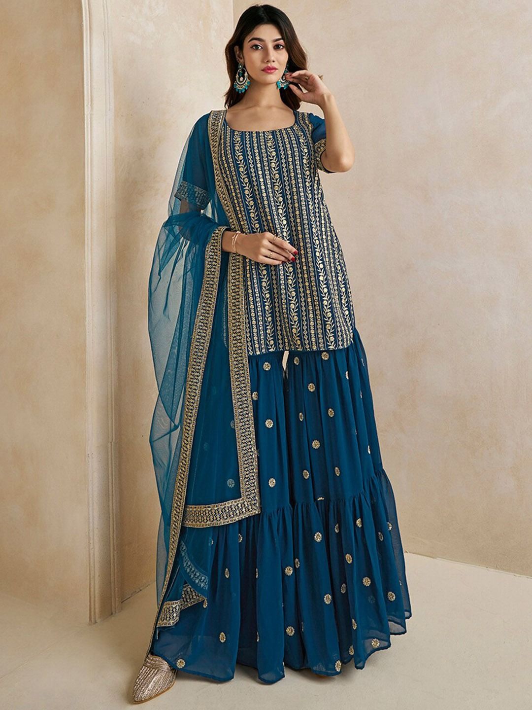 

YOYO Fashion Floral Embroidered Sequinned Georgette Straight Kurta With Sharara & Dupatta, Blue