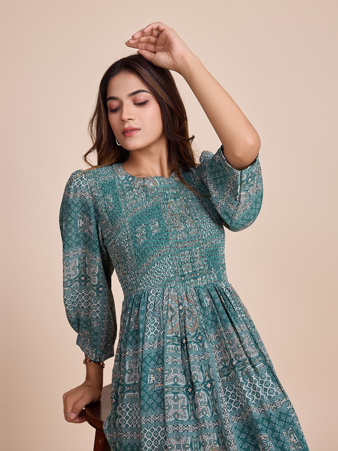 

HOUSE OF MIRA Women Ethnic Motifs Print Bell Sleeve Fit and Flare Dress, Green