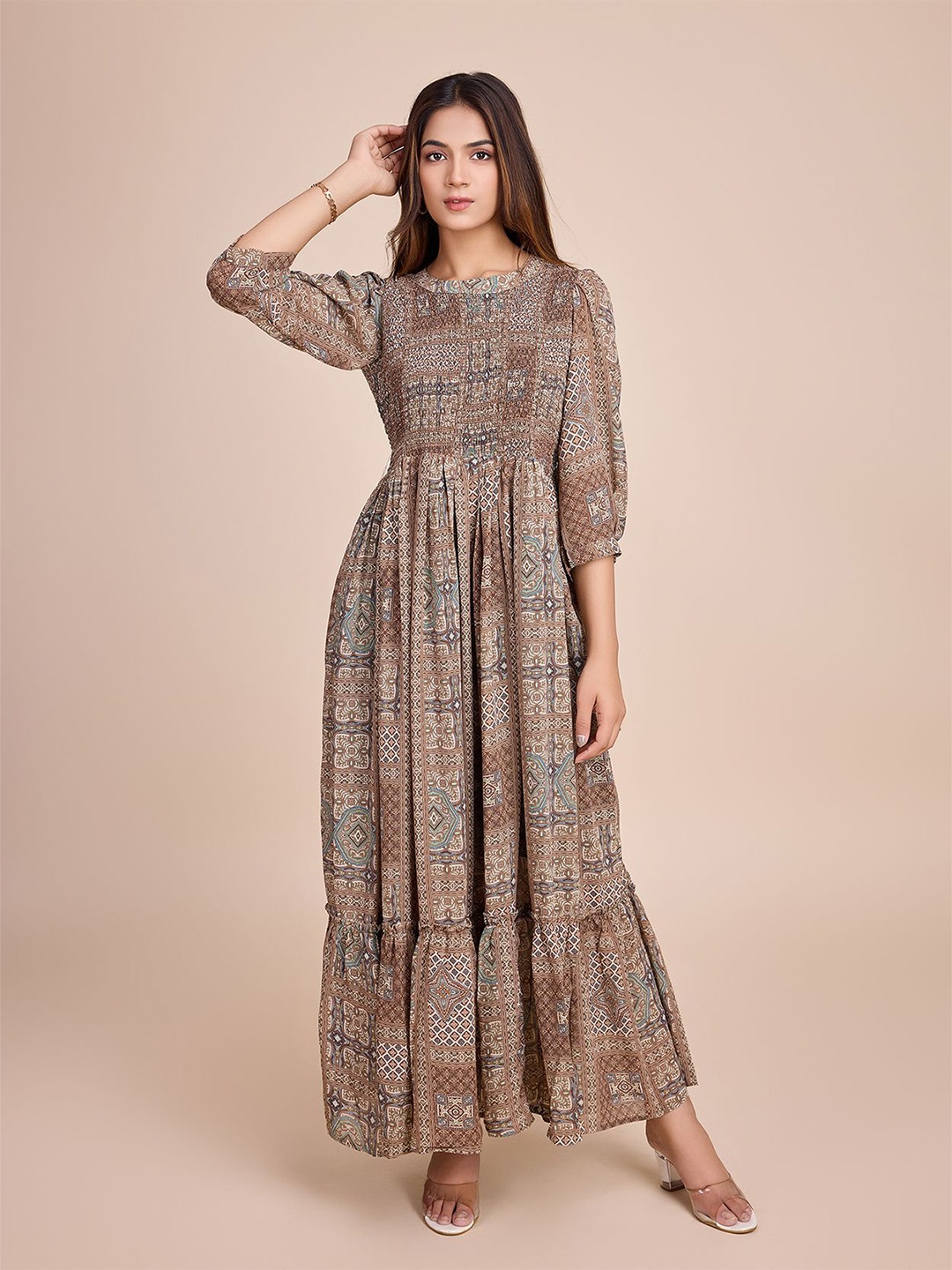 

HOUSE OF MIRA Ethnic Motifs Print Maxi Fit and FlareDress, Brown