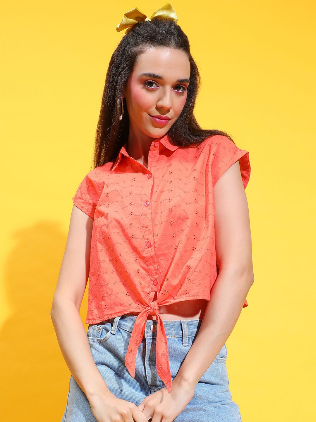 

Oxolloxo Women Smart Schiffli Cotton Casual Shirt, Orange