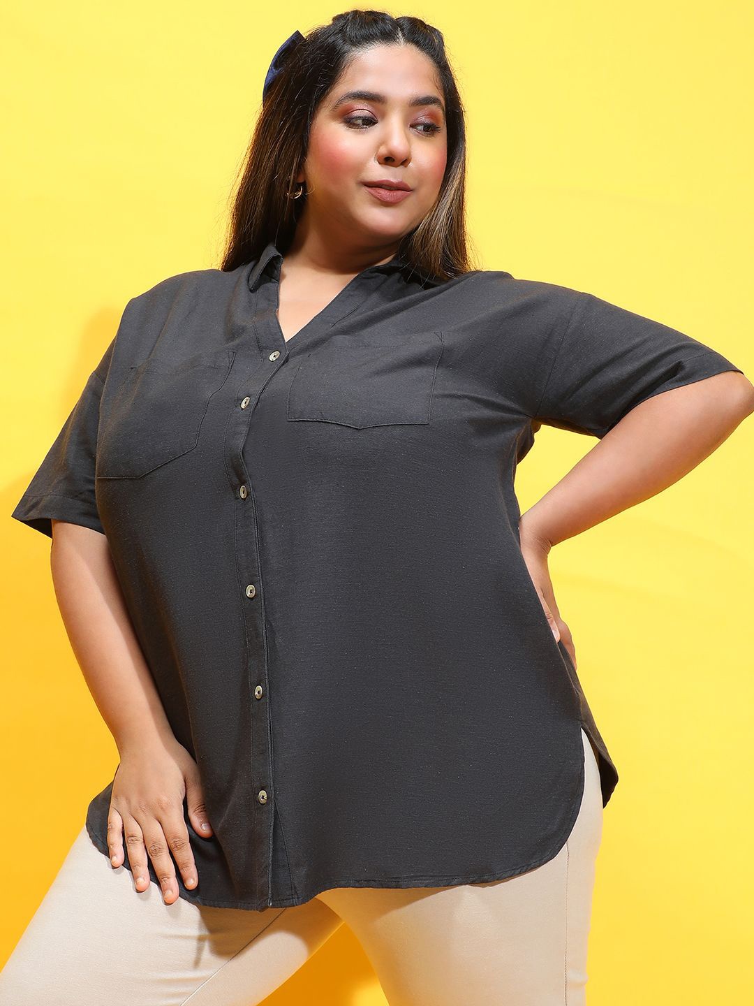 

Oxolloxo Women Smart Semi Sheer Casual Shirt, Black