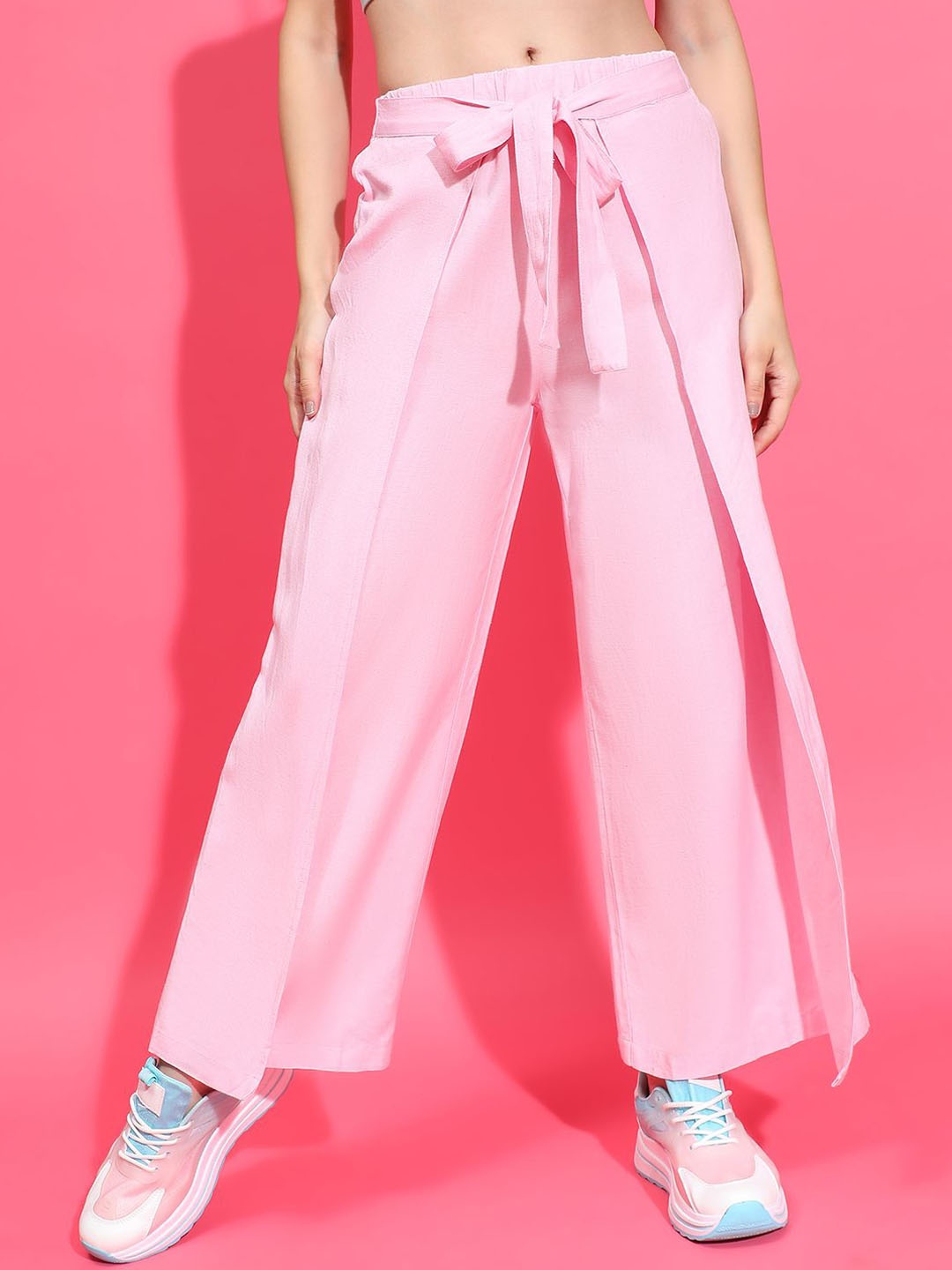 

Oxolloxo Women Smart Flared Elasticated Waist With Tie-Knot Detail Cotton Wrap Style Pant, Pink