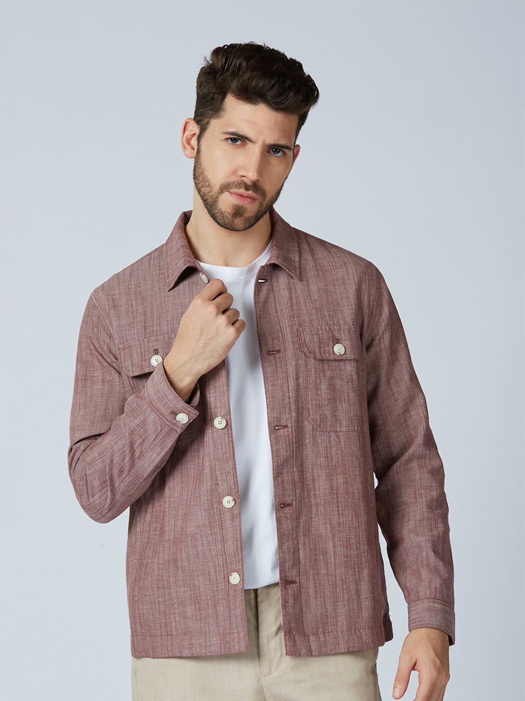 

ONEMILE Men Washed Checked without Crop Denim Jacket, Burgundy