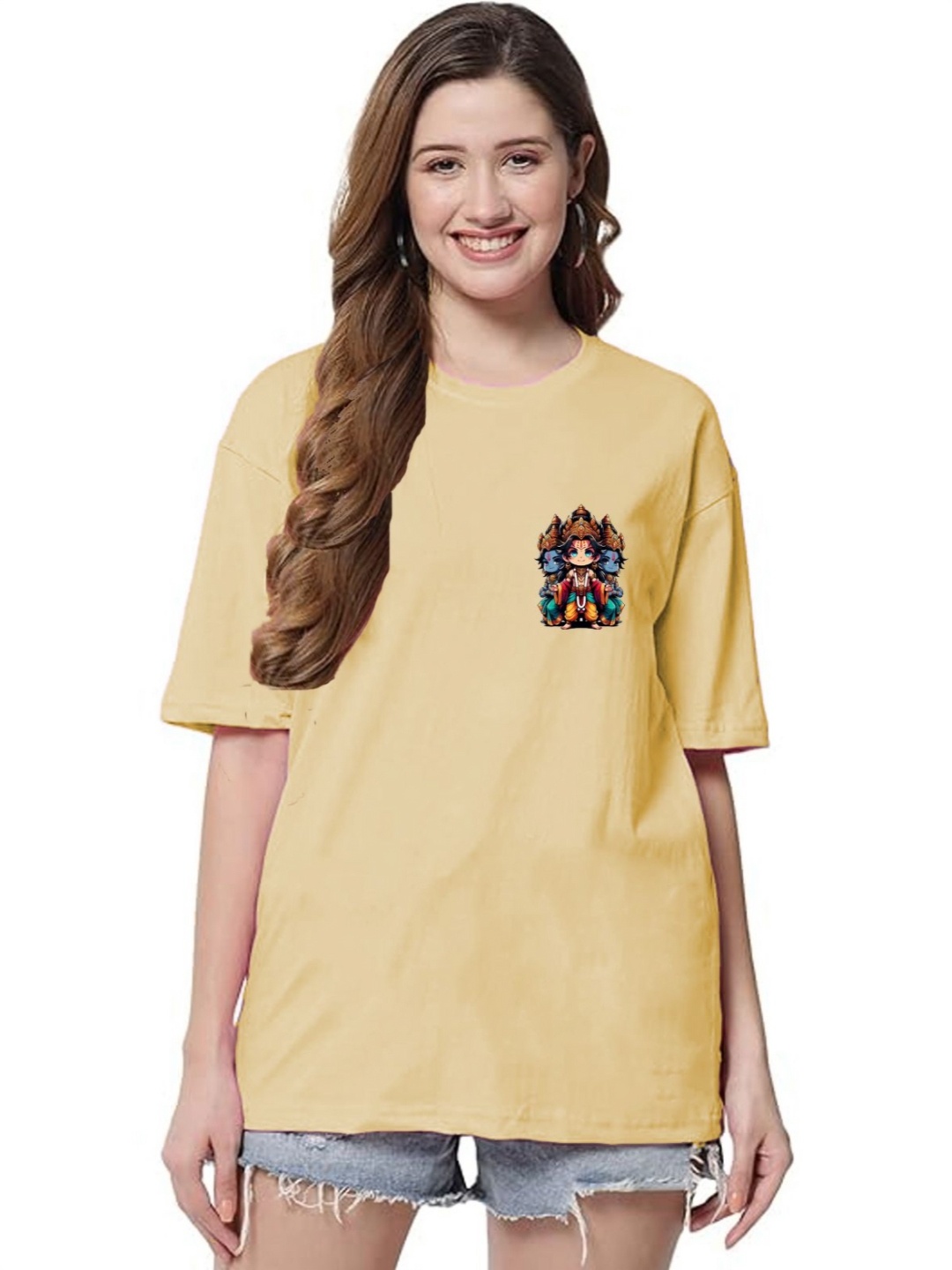 

CLAFOUTIS Women Graphic Printed Round Neck Oversized T-shirt, Yellow