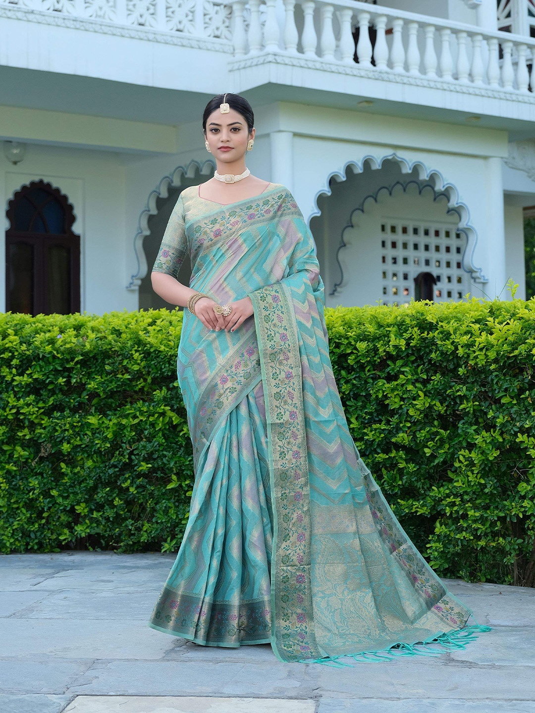 

HEER FASHION Woven Design Zari Organza Banarasi Saree, Blue