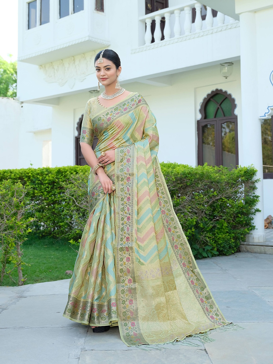 

HEER FASHION Ethnic Motifs Zari Organza Banarasi Saree, Green