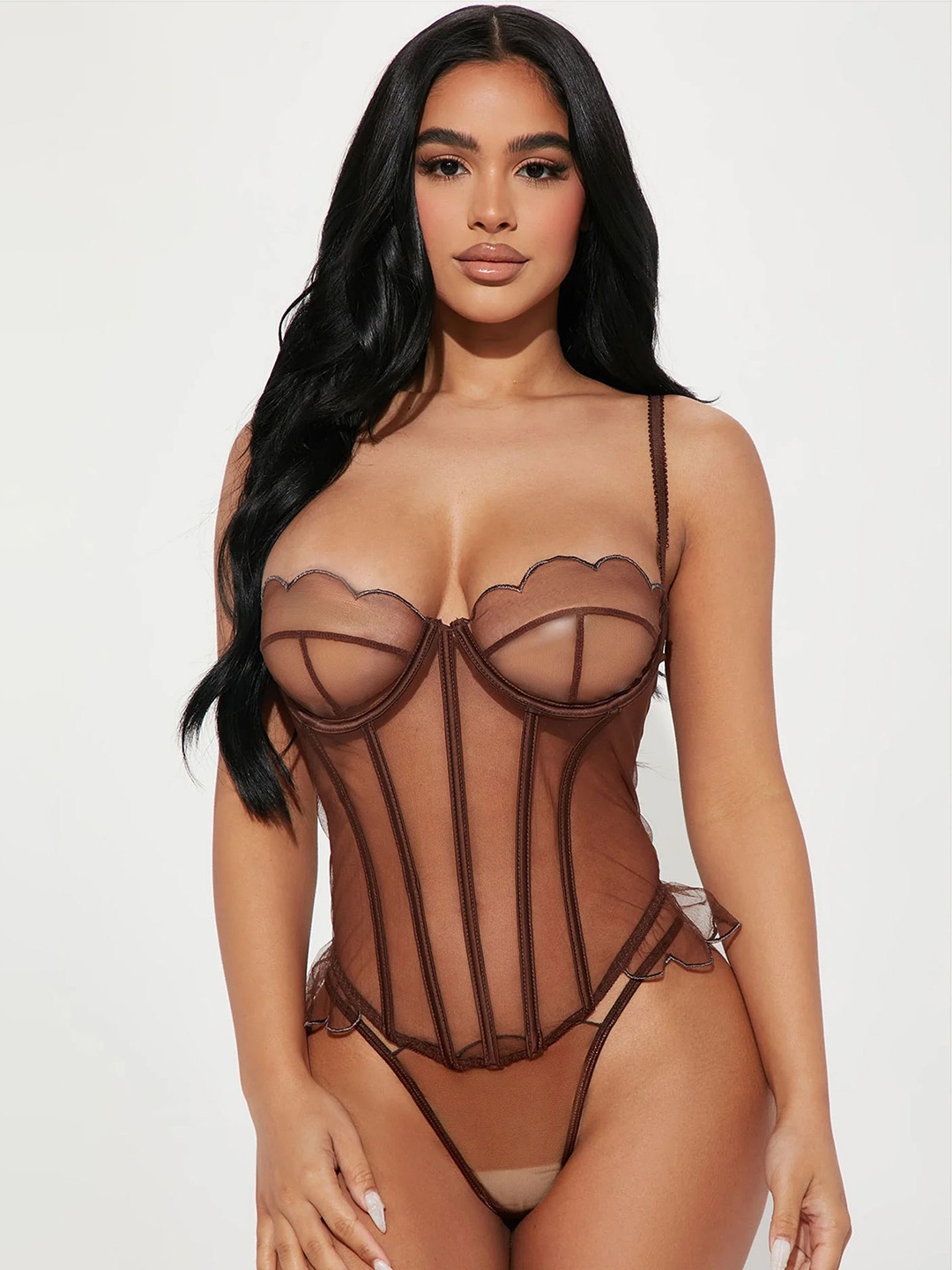 

LULU & SKY Contrast-lined Sheer Babydoll, Brown