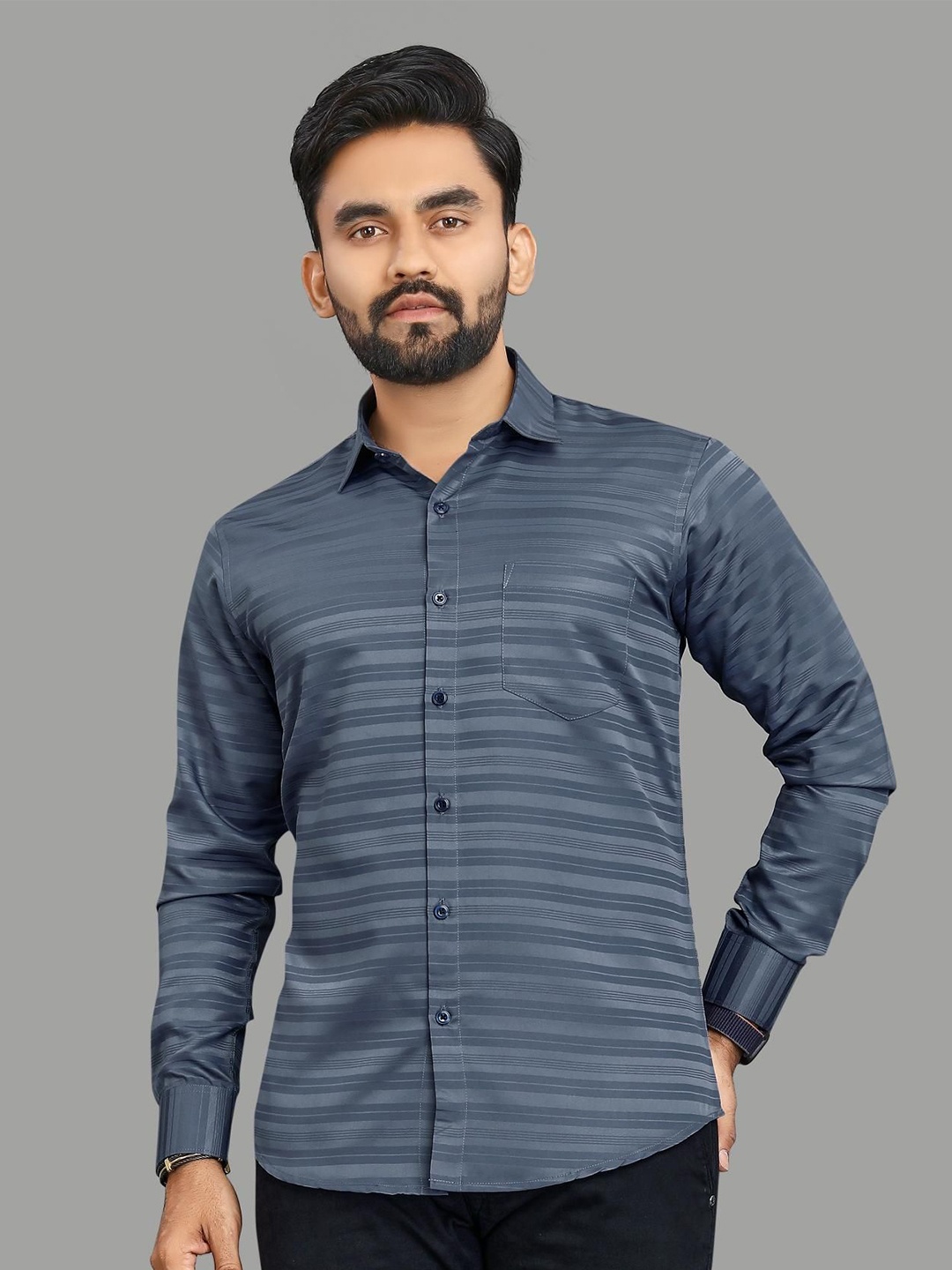 

ADWYN PETER Men Horizontal Stripes Opaque Striped Casual Shirt Formalsilky, Grey melange