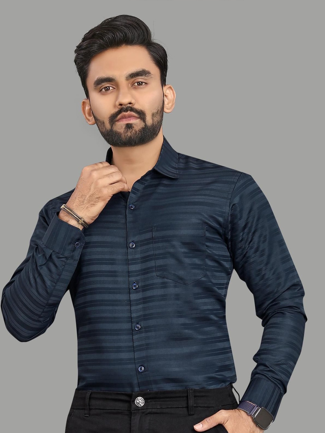 

ADWYN PETER Men New Horizontal Striped Casual Shirt, Navy blue
