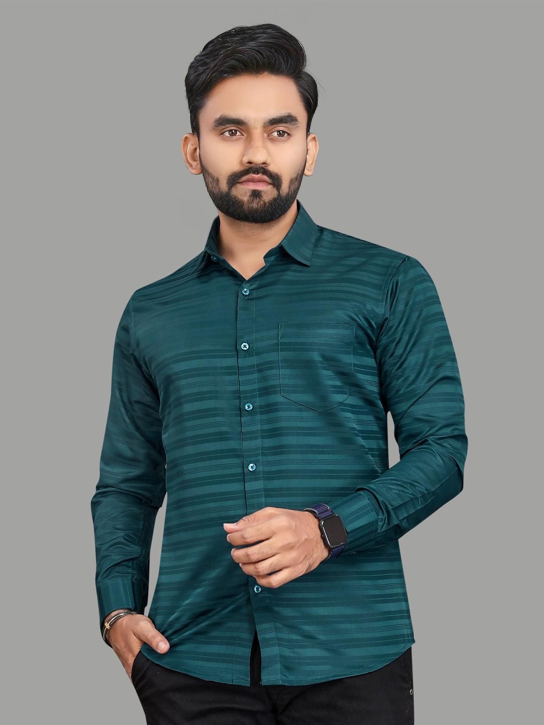 

ADWYN PETER Men Horizontal Striped Casual Shirt, Sea green