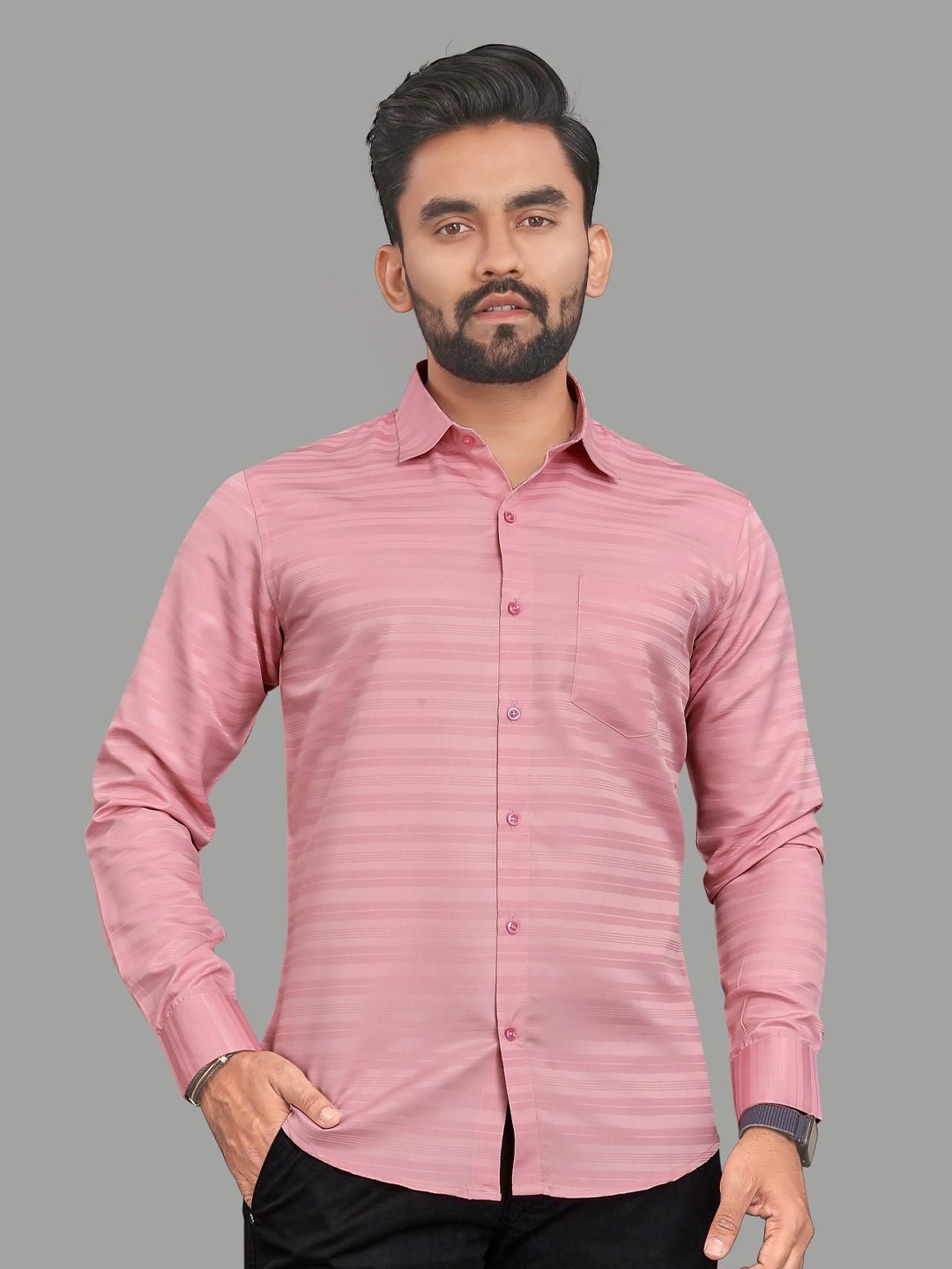 

ADWYN PETER Men Horizontal Stripes Opaque Striped Casual Shirt, Pink