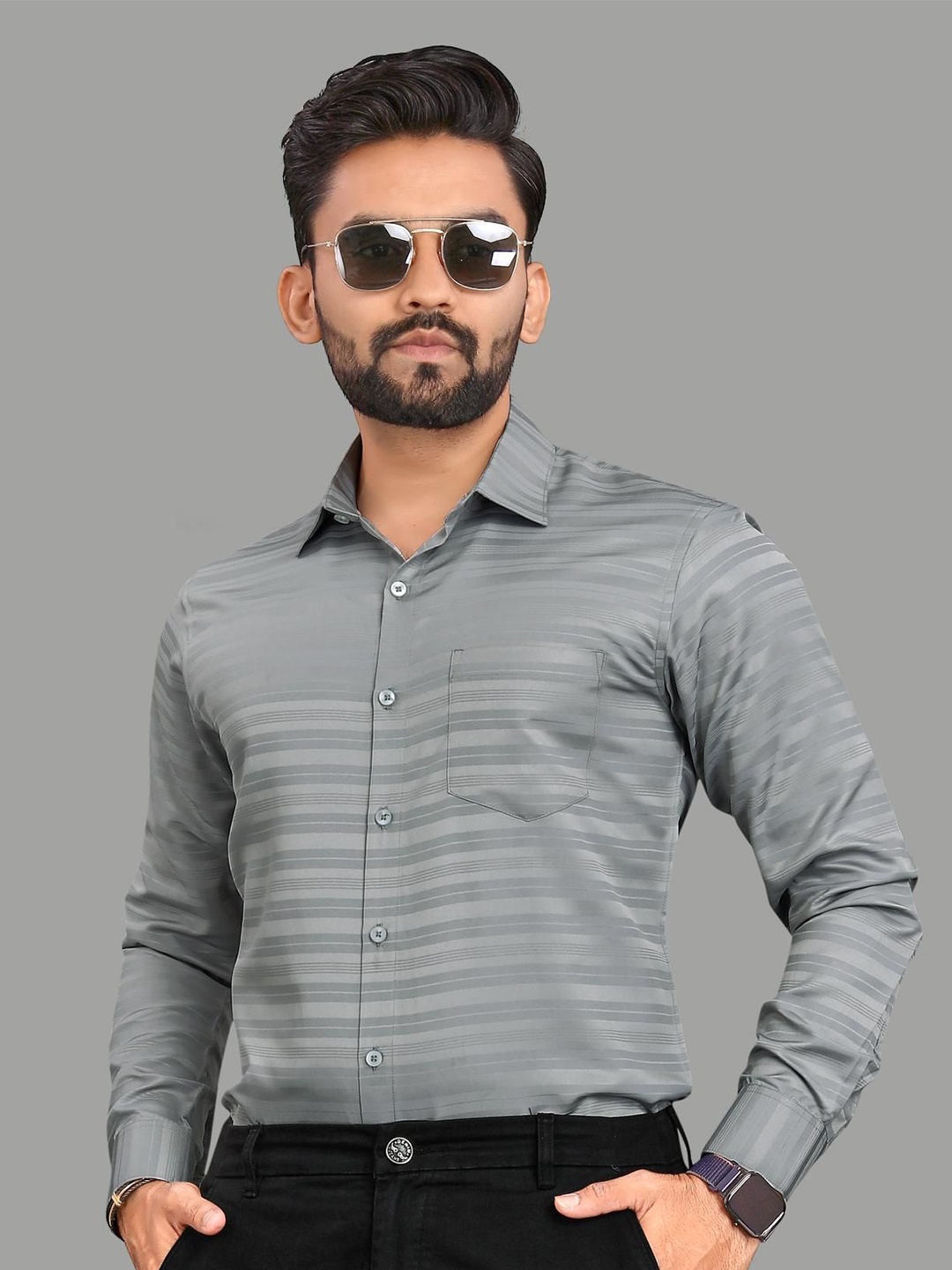 

ADWYN PETER Men Opaque Striped Casual Shirt Formalsilky-03*M-Grey