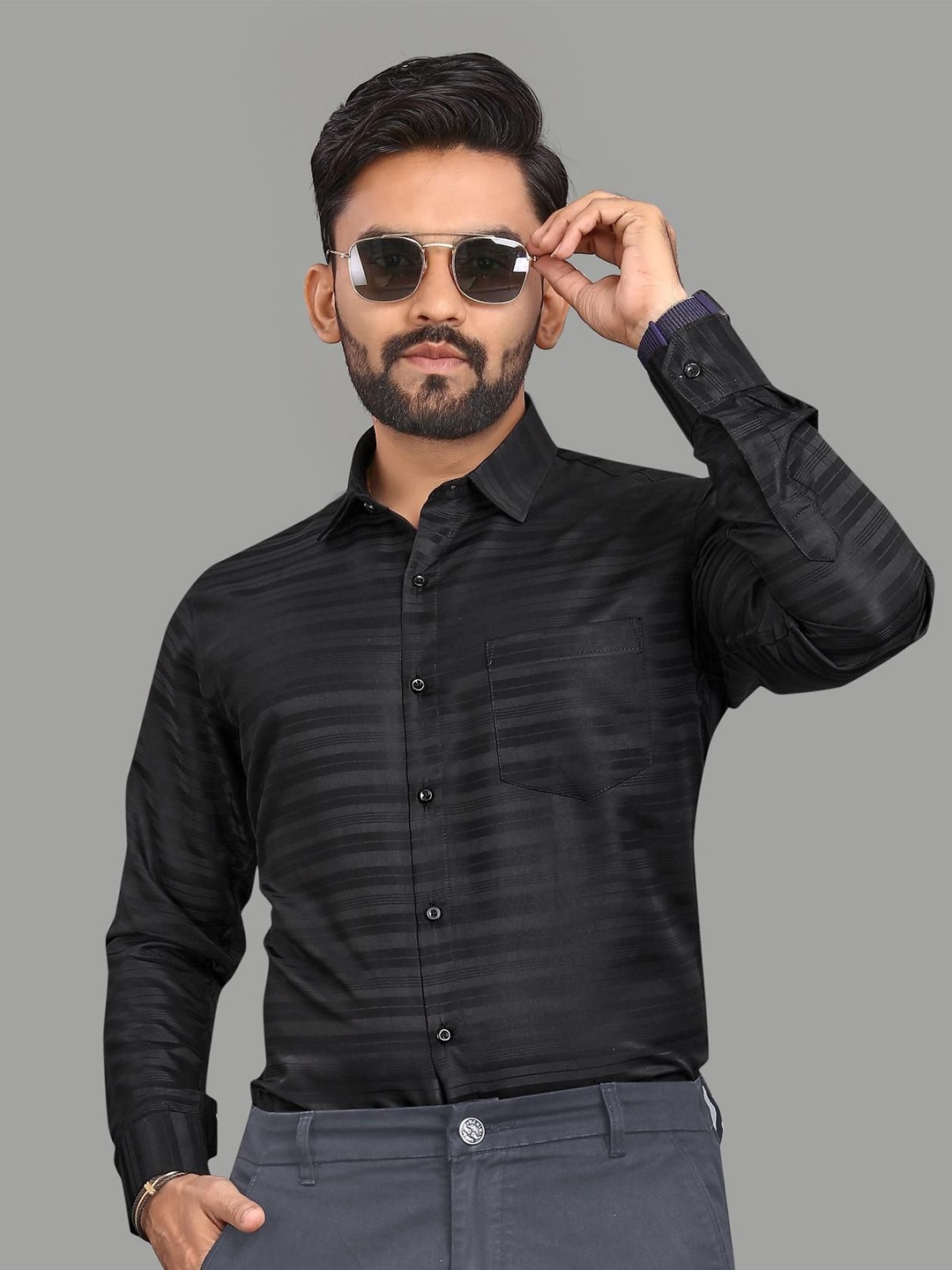 

ADWYN PETER Men Horizontal Stripes Opaque Casual Shirt, Black