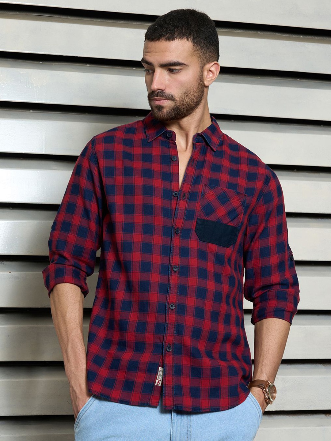 

High Star Men regular fit Tartan Checks Cotton Casual Shirt, Red