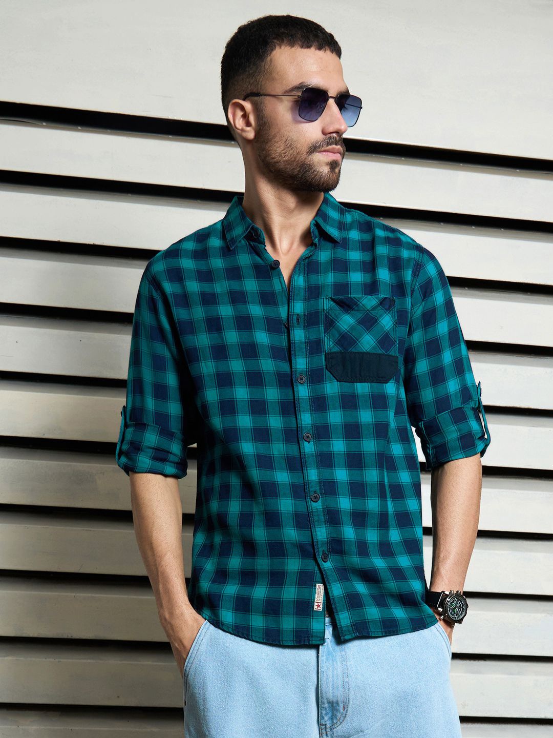 

High Star Men regular fit Checked Casual indigo Shirt, Green