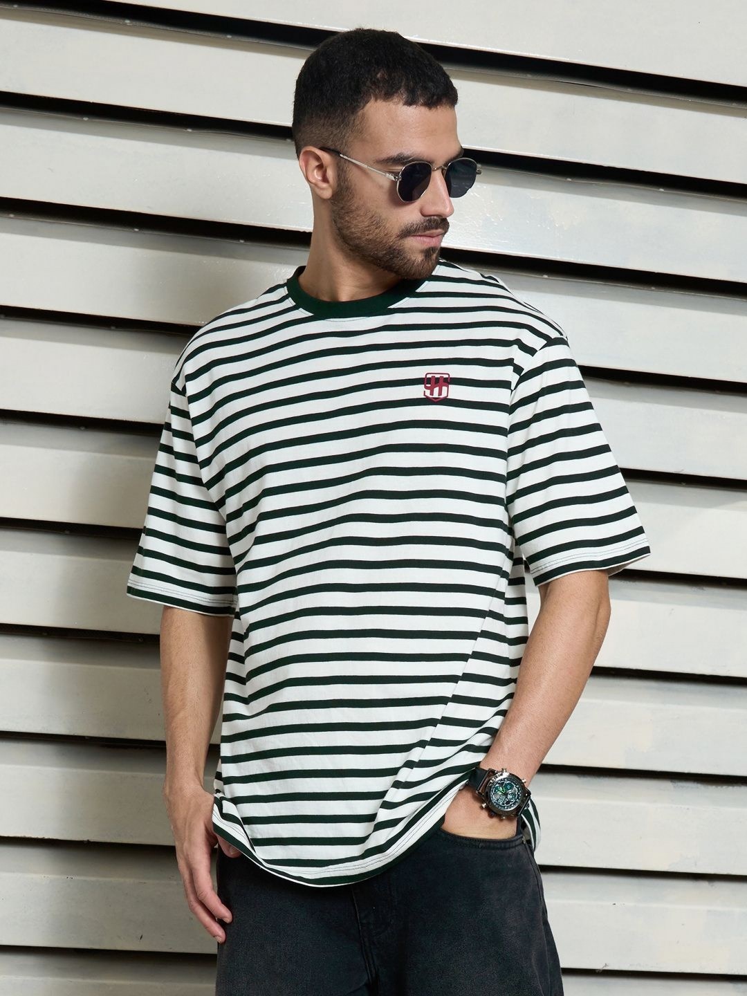 

High Star Men Striped relaxed fit T-shirt, Black