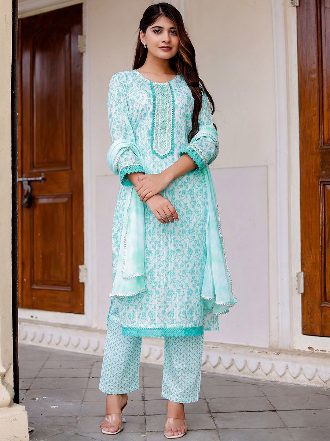 VASVI Floral Printed Regular Mirror Work Pure Cotton Kurta with Palazzos & With Dupatta, Blue