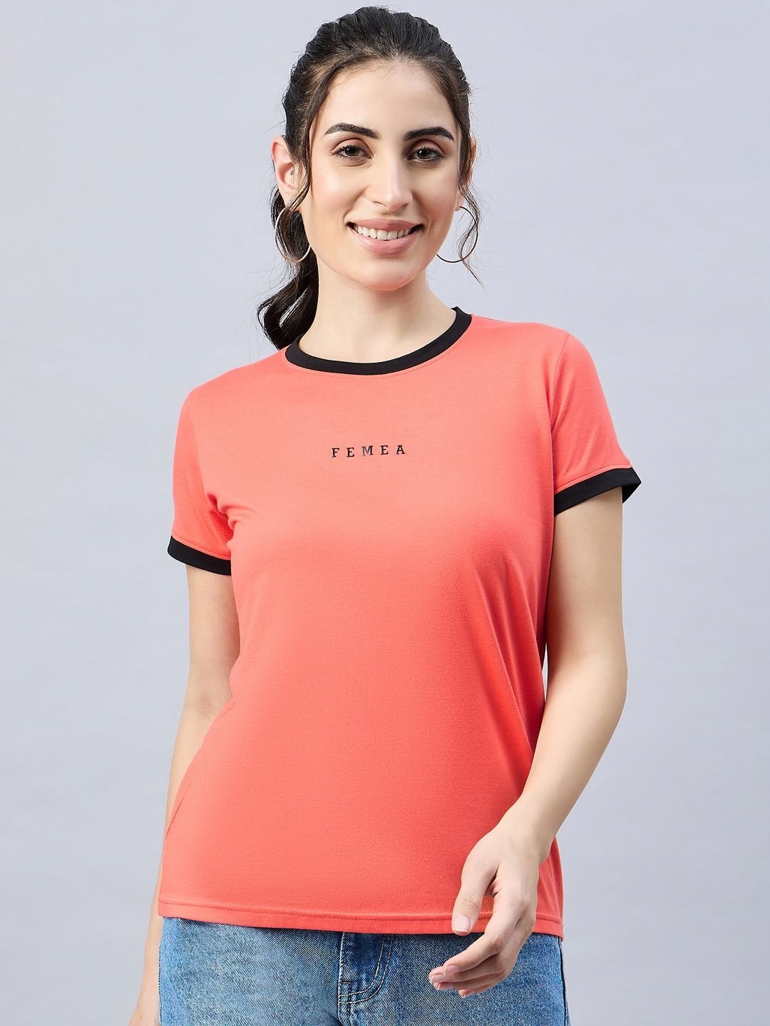 

FEMEA Women Solid Round Neck Relaxed Fit T-shirt, Orange