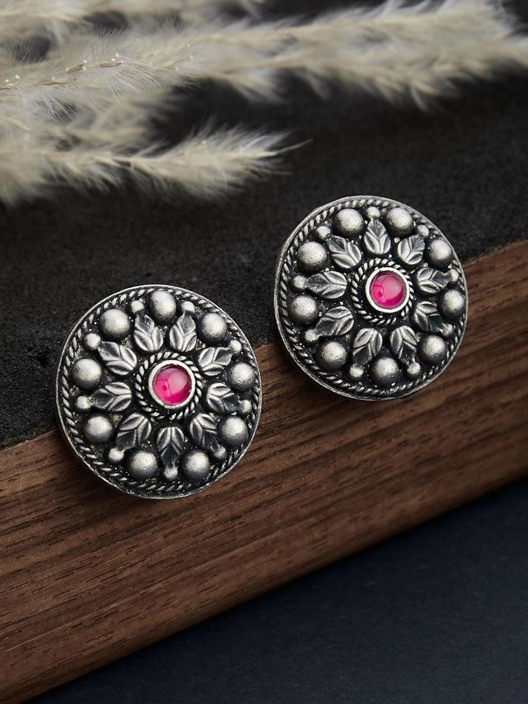 

Fabindia Silver-Plated Stone Studded Contemporary Oxidised Studs Earrings