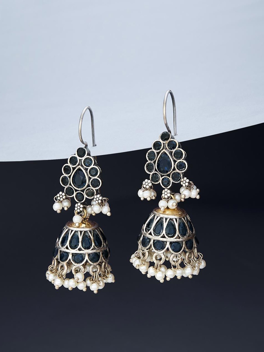 

Fabindia Stone Studded & Beaded Contemporary Jhumkas, Silver