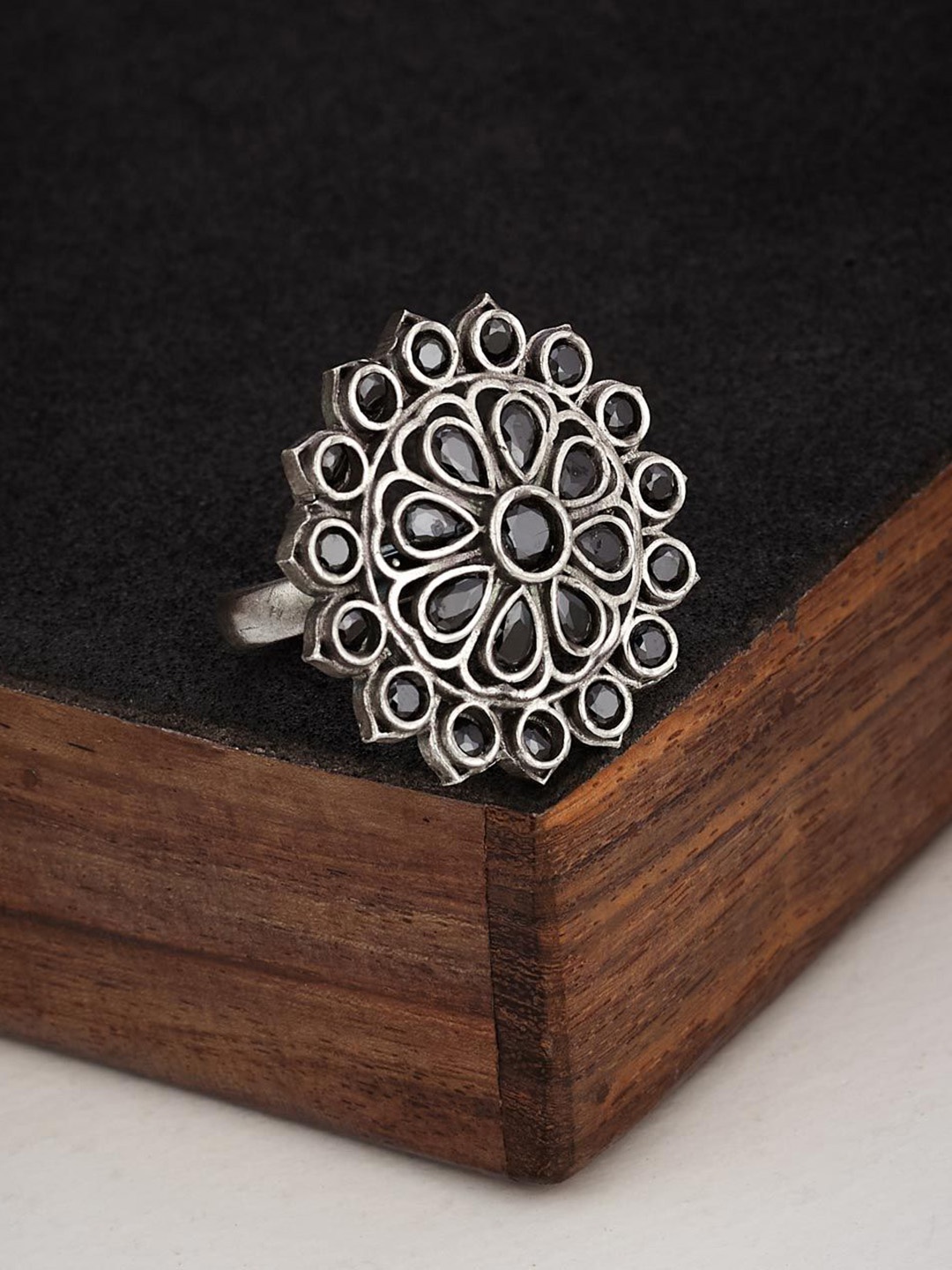 

Fabindia Stones Studded Floral Adjustable Ring, Silver