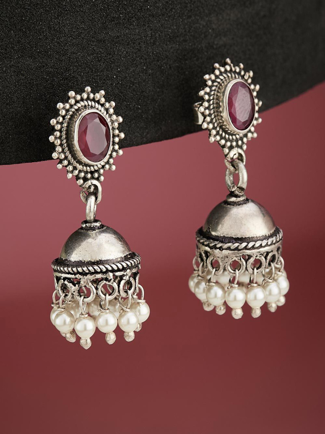 

Fabindia Silver Plated Artificial Stones Oxidised Dome Shaped Silver Jhumkas