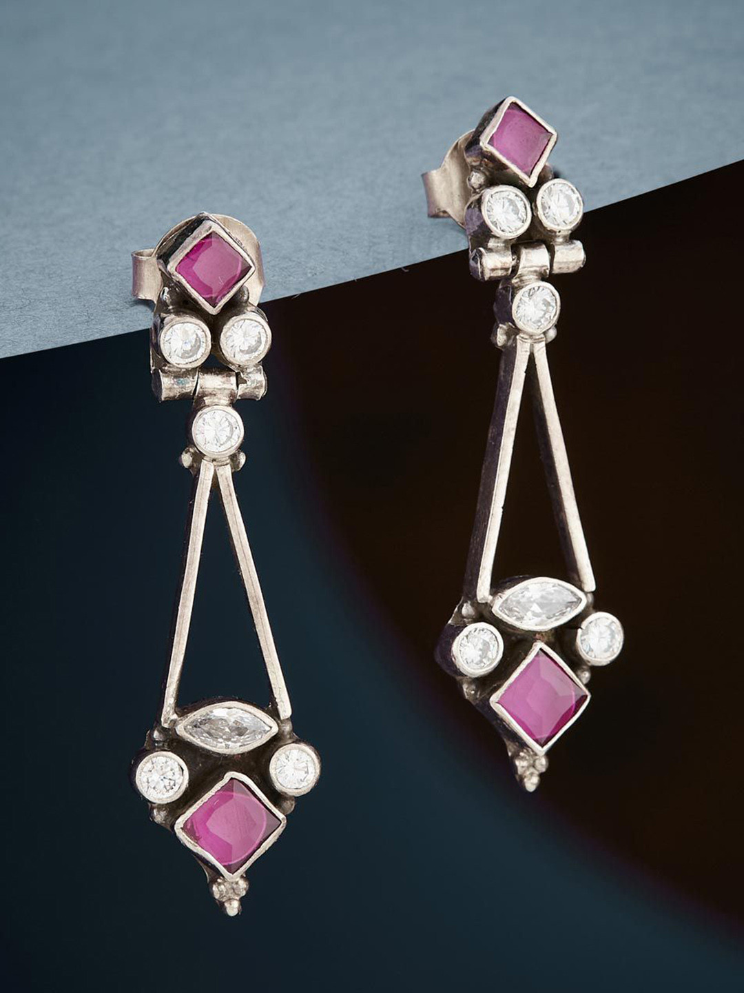 

Fabindia Silver-Plated Enamelled Artificial Stones Drop Earrings