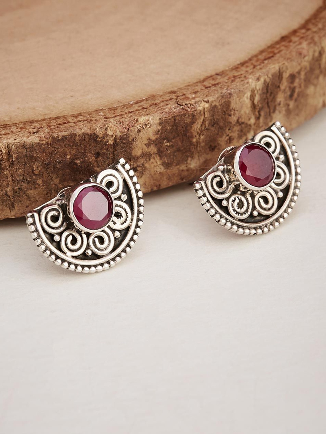 

Fabindia Silver-Plated Oxidised Artificial Stones Studs Earrings