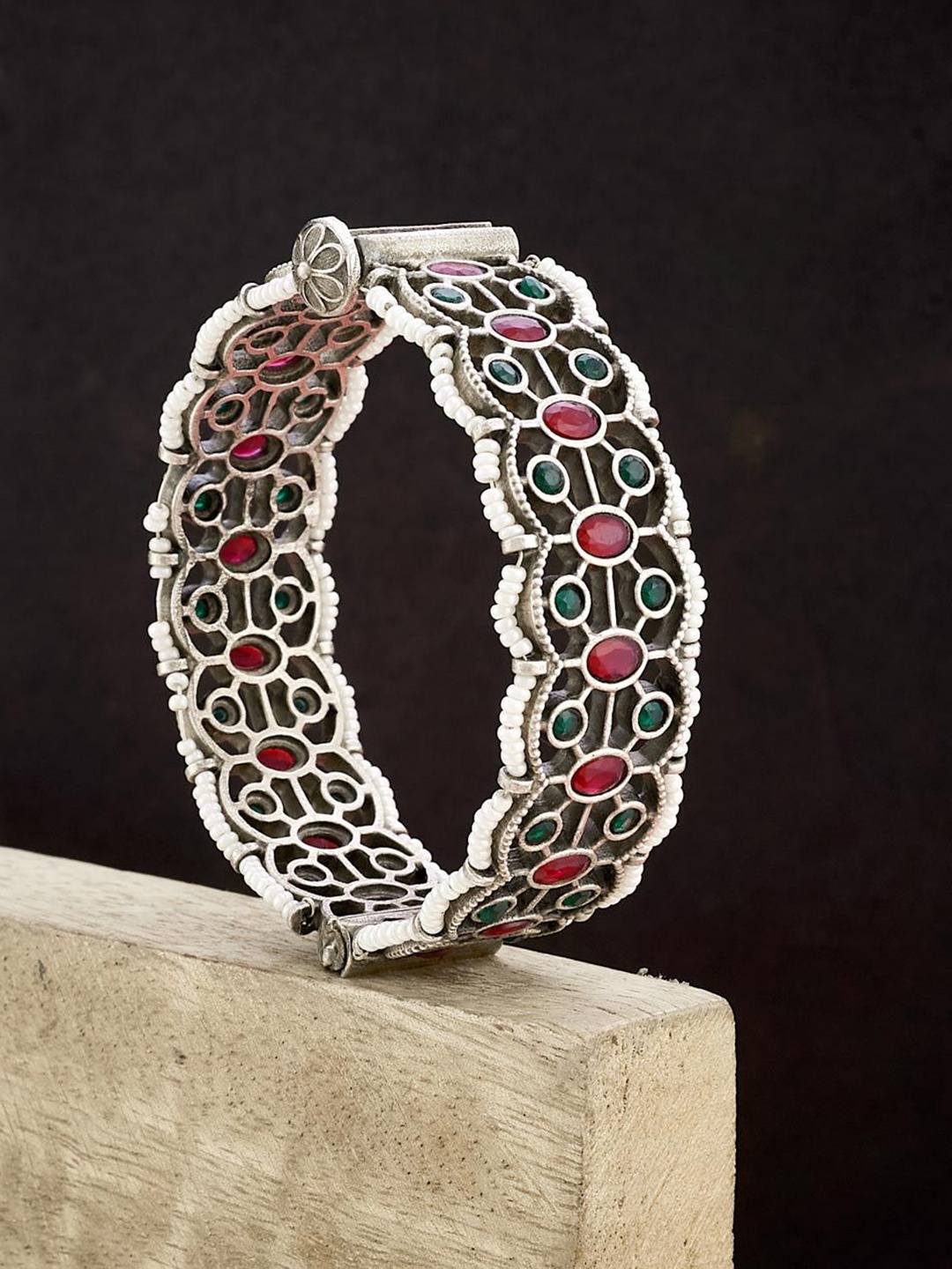 

Fabindia Stone-Studded & Beaded Openable Bangle, Silver